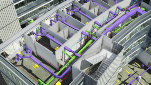 BIM for Building Engineering Demand Gen Toolkit image highlighting MEP engineering components. (Tighter crop of BIM_Hospital_MEP_4) CAPTION (see Marketing Guidelines Site for caption usage details): X-ray view of a hospital building highlighting mechanical, electrical, and plumbing systems. Autodesk(r) Revit(r) Architecture, Autodesk(r) Revit(r) MEP, Autodesk(r) Revit(r) Structure, and Autodesk(r) 3ds Max(r) Design software products were used in the design process.